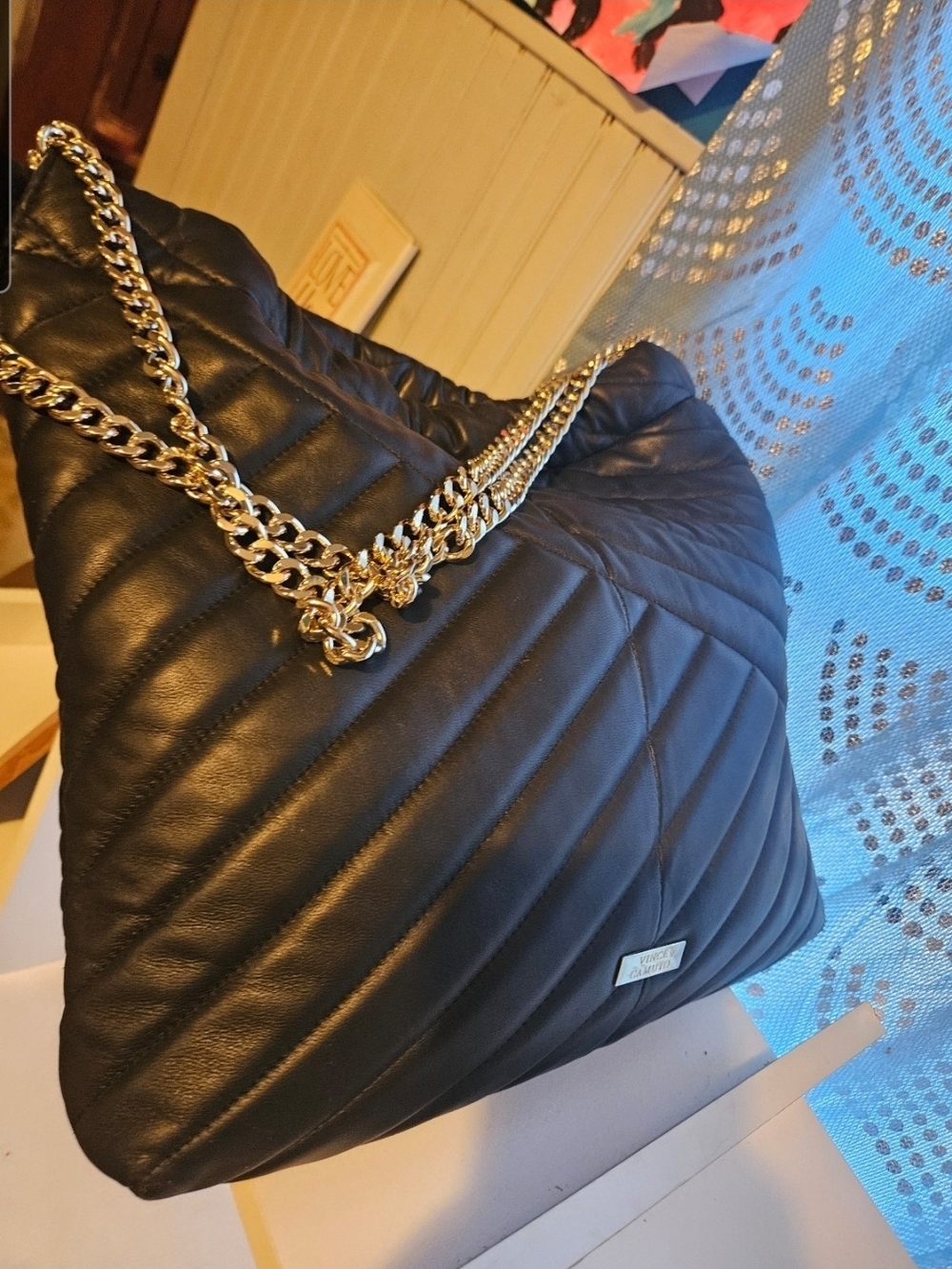 Vince Camuto Black Quilted Shoulder Bag with Gold Chain Strap